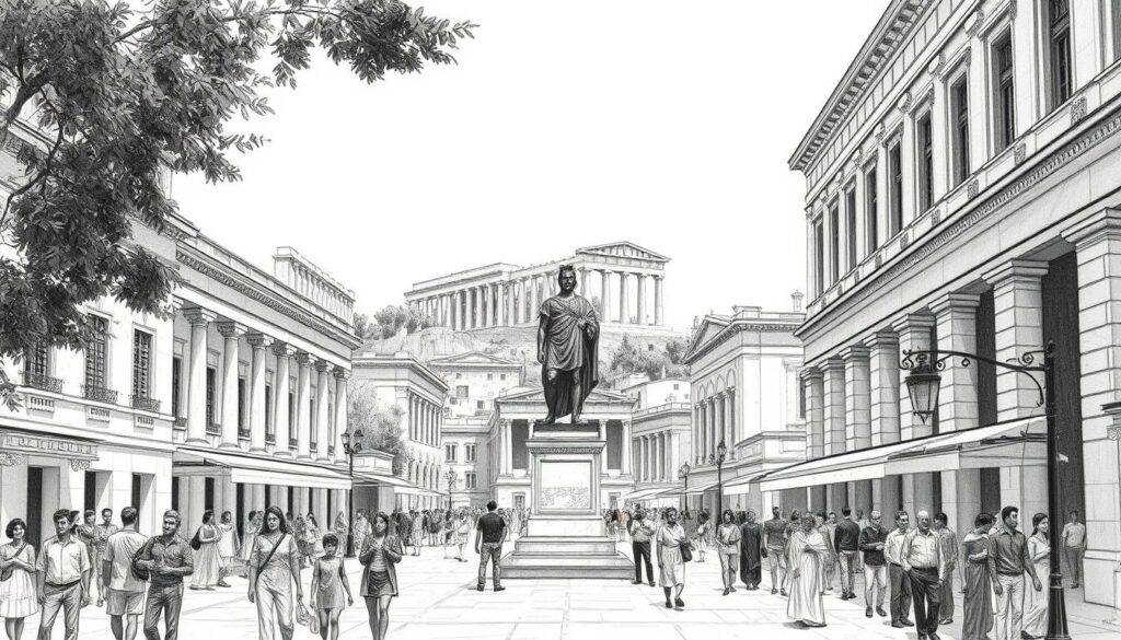 A sun-dappled Athenian agora, bustling with townsfolk and traders. At the center, a bronze statue of Theseus, the heroic king, stands tall and proud, his features etched in sharp contrast. The surrounding buildings, rendered in intricate pencil strokes, evoke the grandeur of ancient Greek architecture, their facades adorned with subtle hints of color. In the distance, the Acropolis rises, its gleaming marble temples casting long shadows across the scene. The overall mood is one of civic pride and renewal, as Theseus' reforms take shape, shaping the future of this storied city.