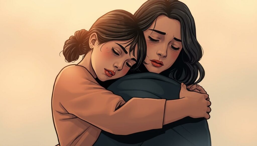 A tender, emotional scene of a daughter embracing her mother, their faces filled with love and sorrow. The daughter's head rests on the mother's shoulder, tears glistening on their cheeks. Soft, diffused lighting casts a warm, comforting glow, while a blurred, dreamlike background suggests a tranquil, introspective moment. The pair's body language conveys a deep, unspoken bond, a profound connection transcending words. This intimate portrait captures the bittersweet essence of the mother-daughter relationship, where the love shared is often tinged with the pain of separation and the passage of time.