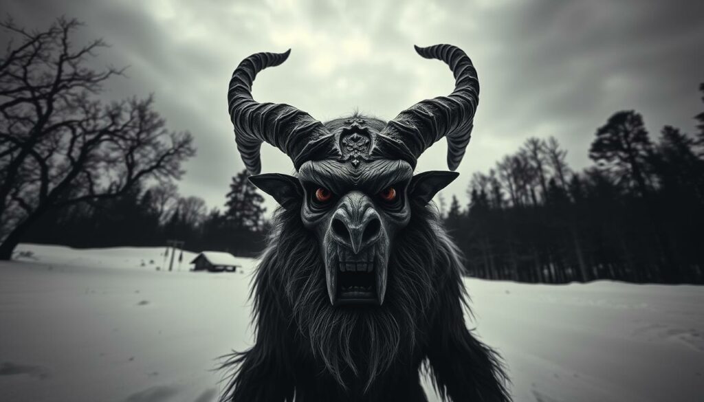 A terrifying Krampus figure looms in the foreground, its wooden mask carved with a demonic visage. Horns and shaggy fur adorn its menacing form, casting a sinister shadow across the snowy landscape. In the middle ground, a background of dark, twisted trees and a foreboding sky create an eerie, atmospheric setting. The scene is rendered in a striking black and white palette, with only the Krampus' mask and eyes accented in muted color, heightening the sense of dread and otherworldliness. The low-angle perspective and dramatic lighting lend an imposing, larger-than-life quality to the Krampus, capturing the creature's primal, supernatural essence.