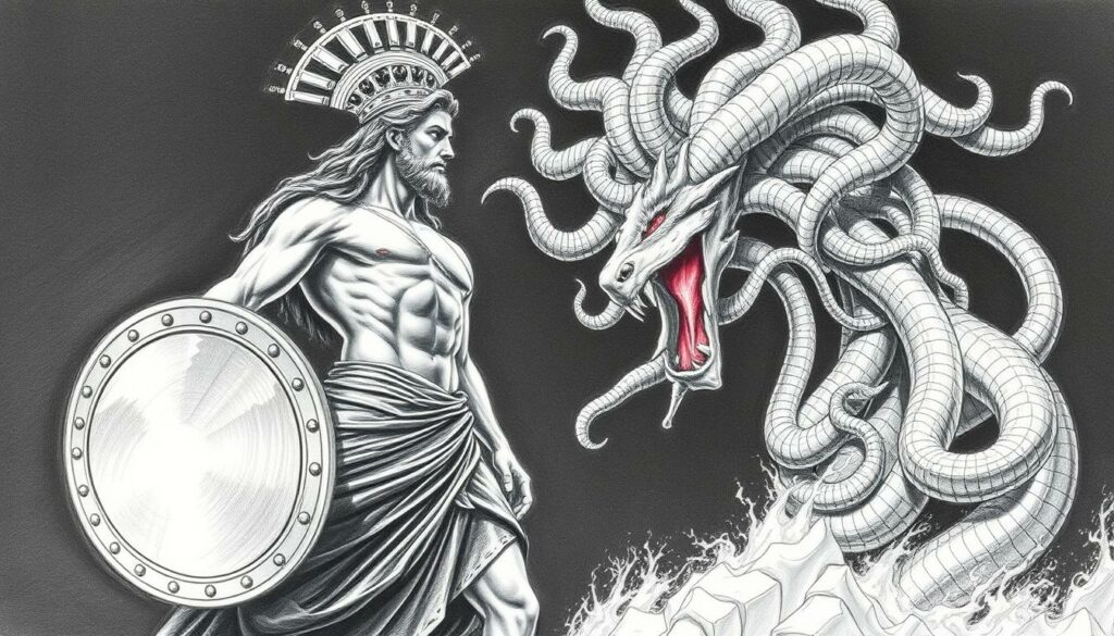 A towering figure of the hero Perseus stands resolute, his gaze fixed upon the monstrous Medusa. In his left hand, he holds a shimmering mirror-like shield, its reflective surface catching the light. Medusa's serpentine locks writhe with malevolent energy, their coils twisting and turning as she prepares to unleash her petrifying gaze. The scene is rendered in a stark black and white palette, save for the occasional flashes of color - the gleam of the shield, the venomous green of Medusa's scales, the crimson of her eyes. The composition is tense, the contrast between the two figures heightening the drama of their confrontation. This is a battle of wits and wills, a struggle for survival in the face of an ancient terror.