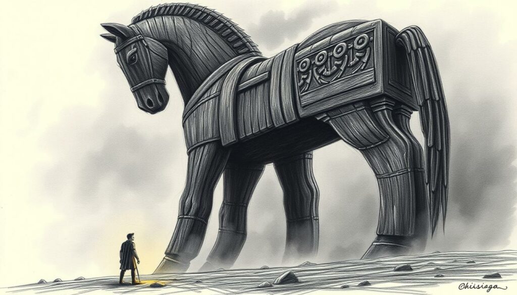 A towering wooden horse stands in a desolate, shadowy landscape, its hulking form casting an ominous presence. The horse's intricate carvings and weathered, charcoal-like surface suggest the weight of ancient history. In the foreground, a solitary figure, likely Odysseus, contemplates the horse's dark secrets, his face illuminated by a faint, amber glow. The background is shrouded in a moody, graphite-like haze, with hints of deep blues and purples, creating a sense of mystery and foreboding. The overall scene conveys the gravity and cunning of the Trojan War, with the wooden horse as the centerpiece of Odysseus' legendary stratagem.