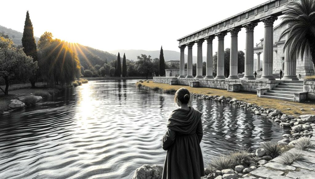A tranquil, rippling river flows through a lush, verdant landscape, its banks lined with ancient Greek columns and architectural ruins. The sun casts a warm, golden glow across the scene, illuminating the intricate details of the weathered stonework. In the foreground, a solitary figure stands, their features obscured, as they gaze upon the glimmering waters of the Paktolos. The image is rendered in a striking black and white palette, with subtle flashes of color highlighting the richness of the environment. A sense of timeless, contemplative serenity pervades the scene, inviting the viewer to imagine the story unfolding before them.