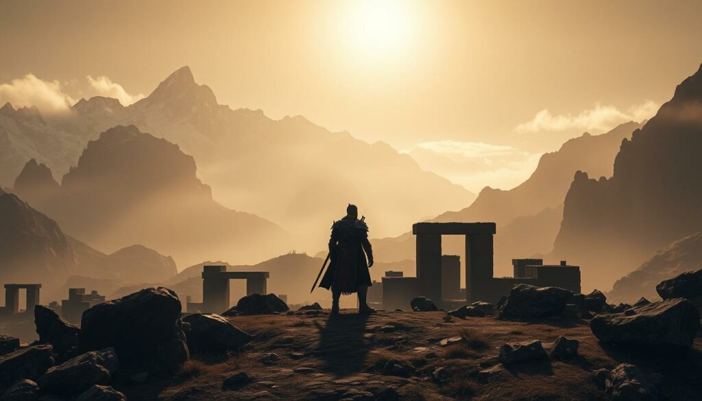 A vast, ancient landscape unfolds, shrouded in mist and shadows. Craggy, snow-capped peaks loom in the distance, while rugged, weathered ruins dot the foreground – remnants of a bygone era. Sunlight filters through the haze, casting a warm, sepia-toned glow that illuminates the scene. In the middle ground, a lone figure stands, garbed in the armor of a bygone age, their silhouette casting a long, dramatic shadow. Hints of crimson and gold embellishments on their gear provide subtle pops of color, drawing the eye to the central focal point. The overall atmosphere evokes a sense of mystery, history, and the weight of a legendary past.