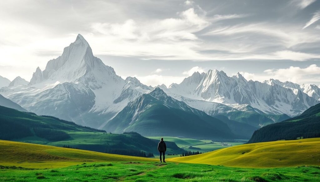 A vast, awe-inspiring landscape unfolds, where towering mountains rise like sentinels against a dramatic sky. Crisp, white peaks glisten in the soft, diffused light, while vibrant hues of azure and emerald dance across the rolling meadows below. In the foreground, a lone figure stands, gazing upward, captivated by the grandeur of the scene – a testament to the boundless wonders that await the adventurous traveler. Rendered in striking monochrome with strategic pops of color, this image captures the essence of "Reiseziele der Superlative" – destinations that inspire awe and ignite the spirit of exploration.