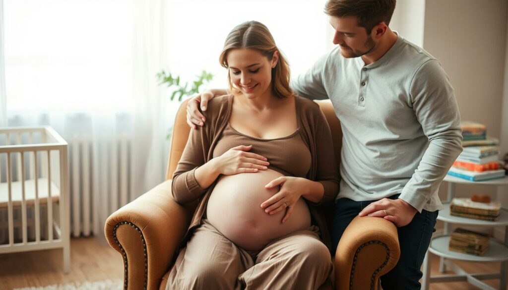 A warm, cozy living room setting with soft, natural lighting filtering through sheer curtains. In the center, a pregnant woman, Anne, sits on a comfortable armchair, her hands gently caressing her swelling belly. Her expression is one of serene joy and anticipation, a gentle smile playing on her lips as she dreams of the life growing within her. Gustav, her partner, stands beside her, one hand on her shoulder, his gaze filled with love and wonder as he contemplates their future together. The room is adorned with subtle hints of baby-themed decor, such as a small crib in the corner or a stack of children's books on a side table, hinting at the impending arrival. The overall scene conveys a sense of tranquility, excitement, and the deep, heartfelt Vorfreude (joyful anticipation) that this couple shares as they eagerly await the birth of their first child.