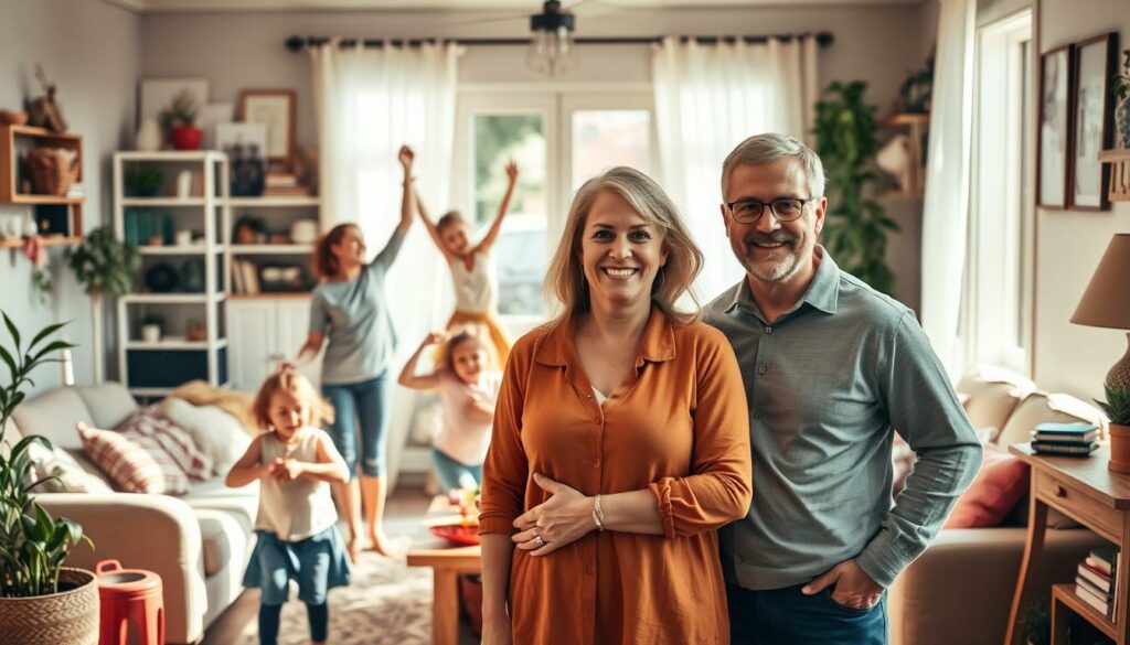 A warm, vibrant family scene capturing the future of the Ferchichi household. In the foreground, Anna-Maria and her husband Bastian stand together, their expressions hopeful and content. Behind them, their children play joyfully, a mix of ages and personalities. The background is a cozy, sun-dappled living room, filled with personal touches that speak to the family's close-knit bond. Soft, natural lighting bathes the scene, lending an air of tranquility and anticipation. The overall mood is one of optimism, with a sense that this family is poised for new adventures and cherished memories to come.