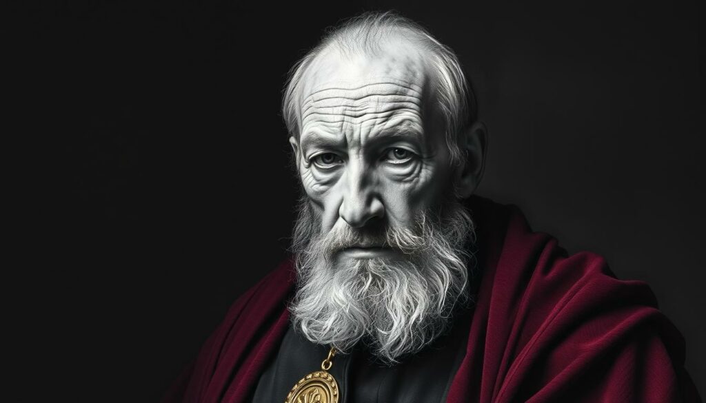 A weathered and somber portrait of Heinrich der Löwe, Duke of Saxony, in his final years. Set against a moody, shadowy backdrop, the aged ruler's face is rendered in stark black-and-white, his piercing gaze conveying a lifetime of triumphs and tribulations. Hints of color - a burgundy robe, a golden medallion - add subtle accents, drawing the eye to the man's regal bearing even as time has taken its toll. The lighting is dramatic, casting dramatic shadows that hint at the complexities of his legacy, the once-mighty lion now in the twilight of his reign. A pensive, evocative portrait capturing the essence of this historical figure in his waning days.