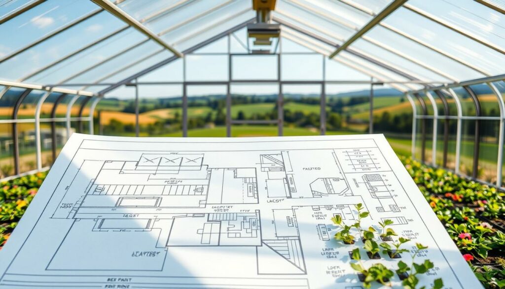 A well-designed greenhouse plan with a focus on functionality and aesthetics. In the foreground, a detailed blueprint showcases the greenhouse's dimensions, layout, and structural elements, rendered in precise architectural detail under soft, diffused lighting. The middle ground features a lush, thriving garden within the greenhouse, with rows of healthy plants and flowers bathed in warm, natural sunlight pouring in through strategically placed windows. In the background, a pastoral countryside scene sets the tranquil, bucolic mood, with rolling hills, verdant trees, and a clear blue sky above. The overall atmosphere conveys a sense of serenity, productivity, and a harmonious integration of the greenhouse with its natural surroundings.