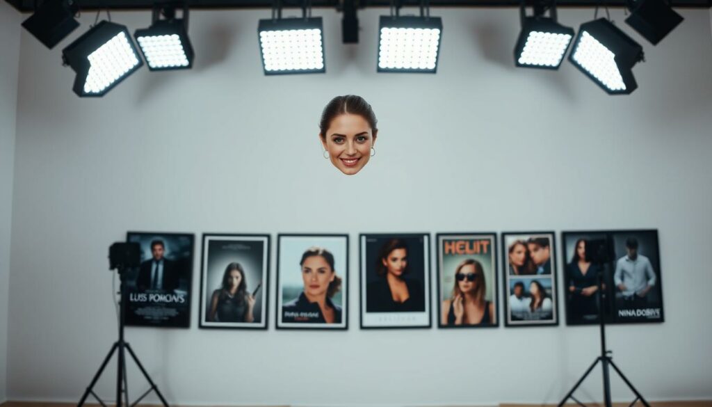 A well-lit studio set featuring a headshot of Nina Dobrev, the popular Bulgarian-Canadian actress, looking directly at the camera with a warm and confident expression. The middle ground showcases a collection of framed movie posters and stills from her latest film projects, highlighting her diverse acting roles and filmography. The background is a minimalist, light-colored wall, providing a clean and sophisticated backdrop to draw the viewer's attention to Nina's captivating presence and her current professional endeavors.