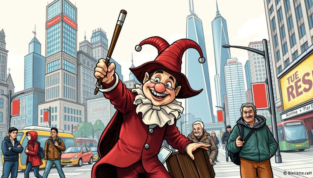 A whimsical illustration depicting the mischievous antics of the legendary folk hero Till Eulenspiegel, reimagined for the modern era. In the foreground, Eulenspiegel, dressed in a jester's motley, mischievously pranks unsuspecting passersby with his clever tricks. The middle ground showcases a bustling urban setting, with skyscrapers and transportation modes of the contemporary world. In the background, subtle hints of color highlight the enduring presence of Eulenspiegel's legacy in popular culture, manifested through mediums like film, music, and digital media. The overall composition conveys a playful, tongue-in-cheek atmosphere, blending the timeless spirit of Eulenspiegel with the dynamic landscape of modern life.