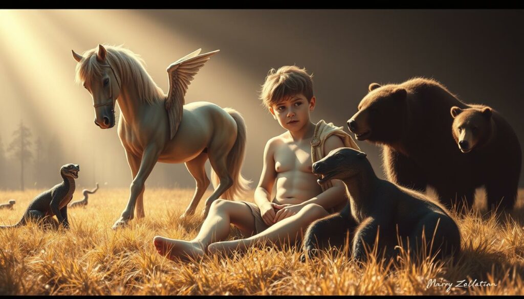 A young Herakles, the demigod, sits on the ground in a serene, sunlit meadow. His powerful physique and lion-skin cape hint at his divine heritage. Surrounding him are mythical creatures - a winged horse, a serpent, and a bear - interacting with the child in a harmonious, almost playful manner. The scene is rendered in a moody, chiaroscuro style, with soft, warm lighting illuminating the figures and casting dramatic shadows. The overall atmosphere conveys a sense of wonder, potential, and the inextricable link between Herakles' mortal and immortal origins.