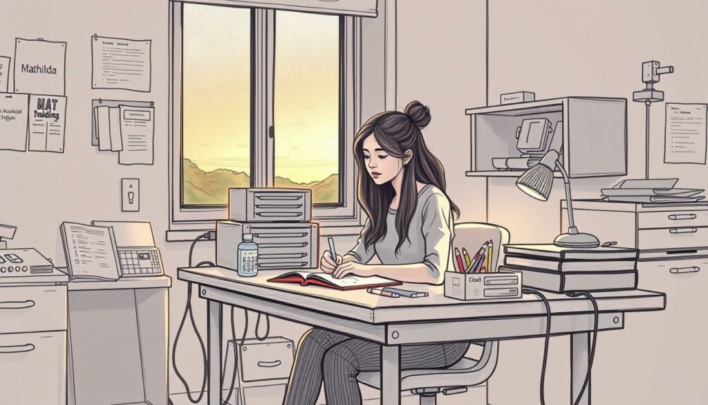 A young woman, Mathilda, sits at a desk studying diligently, surrounded by medical equipment and supplies. The room is bathed in soft, warm lighting, creating a contemplative atmosphere. In the background, a window overlooks a serene outdoor scene, hinting at Mathilda's determination to overcome the challenges of her rare condition, Common Variable Immunodeficiency (CVID), while pursuing her academic dreams. The image conveys Mathilda's resilience, balancing the demands of her health and her studies, with a sense of quiet strength and hope for the future.