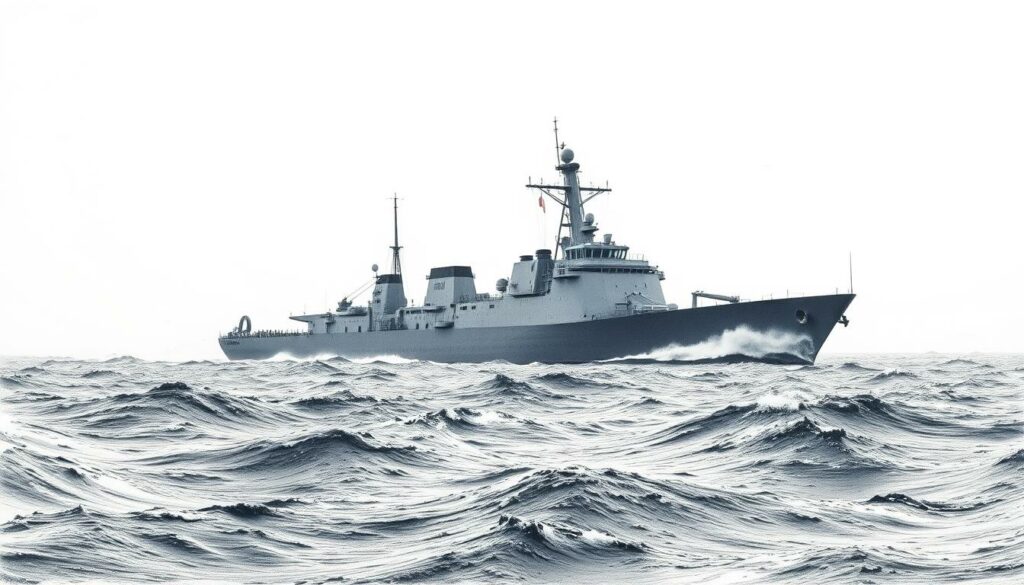 Aleksandr Shabalin, a formidable Russian warship, sits majestically amidst the choppy waters off the coast of Denmark. Captured in a dramatic wide-angle shot, the vessel's sleek silhouette is accentuated by the dramatic interplay of light and shadow. The camera angle emphasizes the ship's imposing size, with its towering superstructure and ominous grey hull cutting through the turbulent sea. The background is a hazy, overcast sky, adding a sense of mystery and foreboding to the scene. The overall mood is one of power, tension, and the looming presence of a military force in a foreign territory.