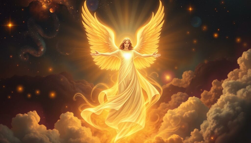 An ethereal, luminous angel figure dominates the foreground, exuding a powerful, transformative energy. The angel's flowing robes and outstretched arms radiate an intense, golden light, illuminating the scene. In the middle ground, swirling clouds of energy and light surround the angel, symbolizing the spiritual forces at work. The background is a rich, deeply hued celestial landscape, with glowing stars and galaxies adding to the sense of mysticism and otherworldly presence. The overall tone is one of awe, wonder, and profound spiritual transformation, reflecting the transformative power of the Angel Number 111.