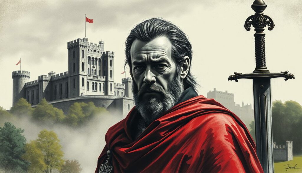 An exiled duke stands solemnly, his weathered face cast in stark relief. Dramatic shadows play across his features, conveying a sense of brooding melancholy. In the background, the imposing silhouette of Windsor Castle looms, a symbol of the foreign land that has become his unwilling sanctuary. Muted tones of charcoal and graphite dominate the scene, punctuated by the occasional flash of vibrant color - a regal crimson cloak, the glint of a sword hilt, or the verdant hues of the surrounding landscape. The overall atmosphere is one of somber reflection, capturing the bittersweet essence of Heinrich der Löwe's exile in England.