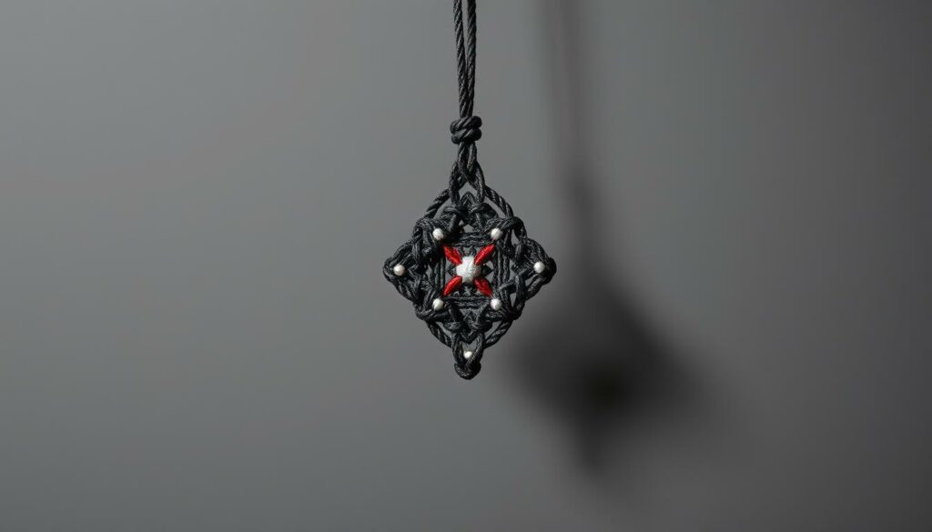 An intricate and delicate Martenitsa, a traditional Bulgarian woven bracelet symbolizing the arrival of spring, hangs gracefully against a muted, monochromatic background. The threads intertwine in a captivating pattern, with hints of vibrant red and white peeking through the charcoal-hued composition. The soft, directional lighting casts gentle shadows, accentuating the textures and nuances of this culturally significant handicraft. The overall atmosphere exudes a sense of tranquility and reverence, inviting the viewer to appreciate the timeless artistry and deep-rooted traditions that define this cherished aspect of Bulgarian heritage.