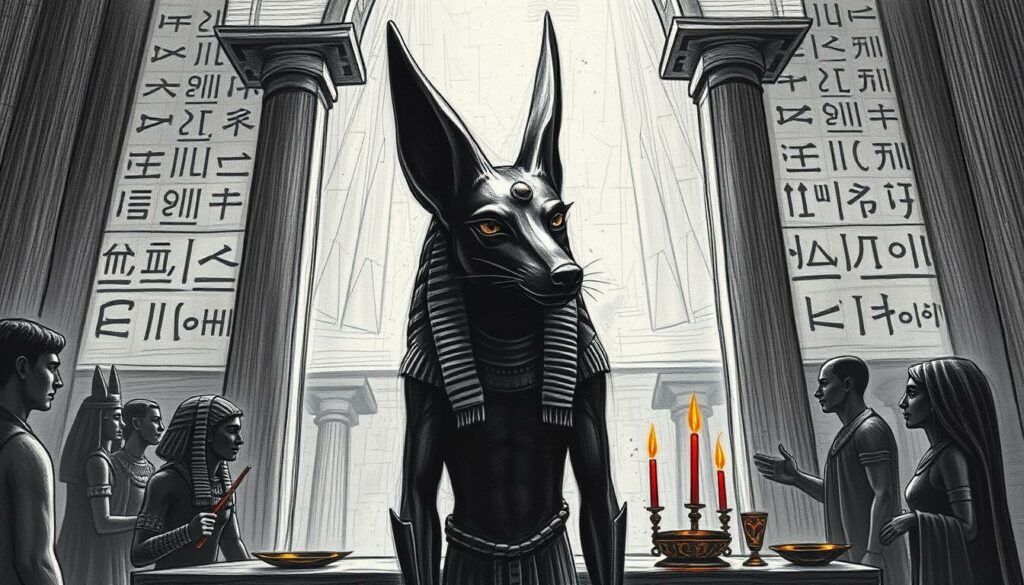Anubis, the jackal-headed Egyptian god, stands vigilant as the guardian of the sacred funerary rites. His piercing gaze oversees the solemn passage of the deceased, his ebony form silhouetted against a dimly lit, hieroglyphic-adorned backdrop. Intricate linework and subtle shades of gray capture the reverent atmosphere, punctuated by flashes of ochre and crimson that evoke the ritual objects and offerings surrounding the deity. Anubis' commanding presence commands reverence, his role as the embalmer and protector of the dead made manifest in this haunting, monochromatic portrait.