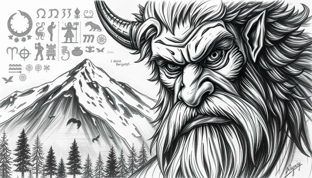 Berggeist, a mythical mountain spirit, depicted in various cultural traditions across the Riesengebirge region. A monochromatic sketch captures his enigmatic presence, with stark black and white tones punctuated by subtle colorful accents. In the foreground, the Berggeist's weathered, craggy features emerge from the shadows, his piercing gaze conveying a sense of ageless wisdom. The middle ground reveals the rugged, snow-capped peaks of the Riesengebirge, a testament to the Berggeist's domain. In the background, a kaleidoscope of cultural symbols - from ancient runes to folk art - allude to the diverse narratives that have shaped the legend of this enigmatic mountain spirit.