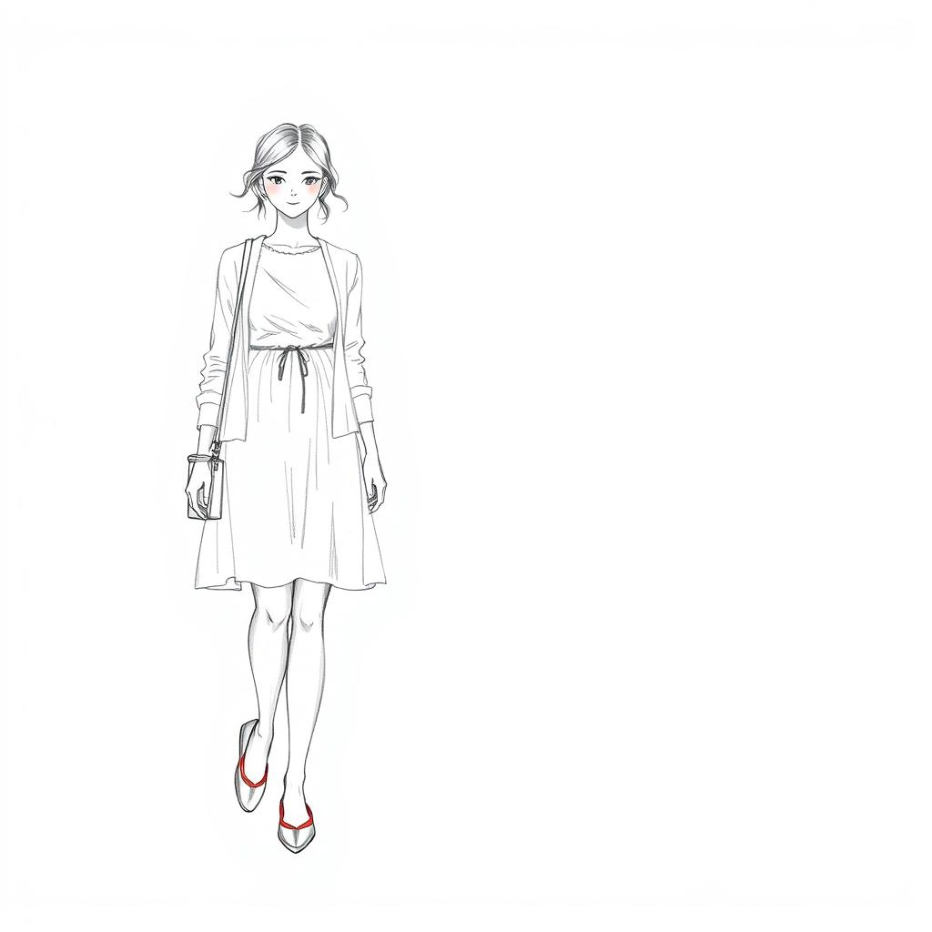 Bleistiftzeichnung eines sonnigen 15-Grad-Outfits mit leichten Schichten