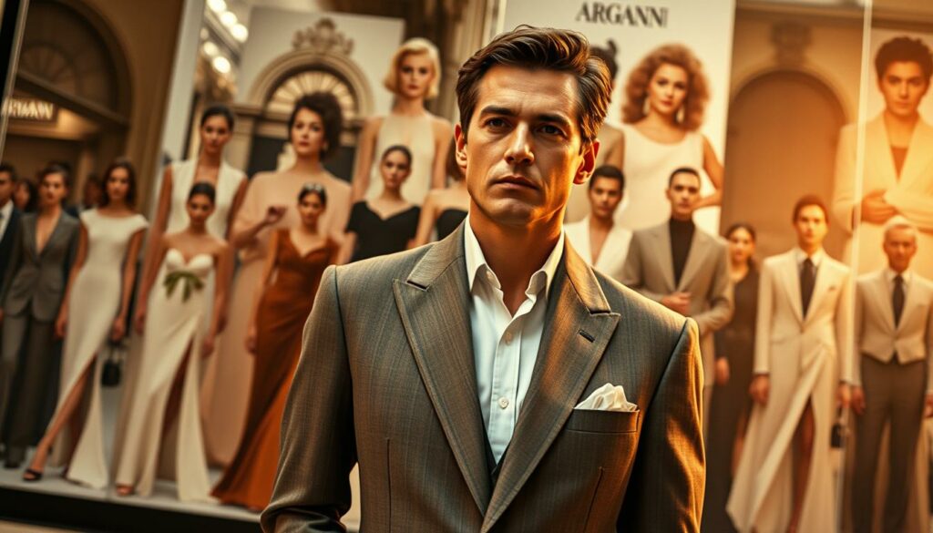 Ikonische Armani Designs: A timeless elegance unfolds, capturing the essence of Giorgio Armani's visionary fashion. In the foreground, a tailored suit in muted tones exudes sophistication, its clean lines and impeccable cut a testament to Armani's mastery. Surrounding it, a collage of iconic Armani designs - from the sleek, minimalist evening gowns to the effortlessly chic casual wear - all united by a shared sense of refined simplicity. The background subtly hints at Armani's cultural influence, with hints of iconic architecture and the vibrant energy of the fashion industry. Cinematic lighting casts a warm, inviting glow, evoking a sense of timelessness and elegance that has defined Armani's enduring legacy.