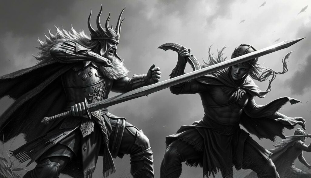 Königin Medb, fierce and imposing, locked in a dramatic battle with the mighty Cúchulainn, the legendary hero of Irish mythology. A clash of titans, with Medb's commanding presence and Cúchulainn's skilled swordsmanship filling the frame. Dramatic lighting casts dynamic shadows, accentuating the tension and intensity of the scene. The background is a hazy, moody landscape, allowing the figures to take center stage. Rendered in a striking black and white palette, with only strategic pops of color to highlight key details, this image captures the essence of the legendary confrontation between these powerful forces.