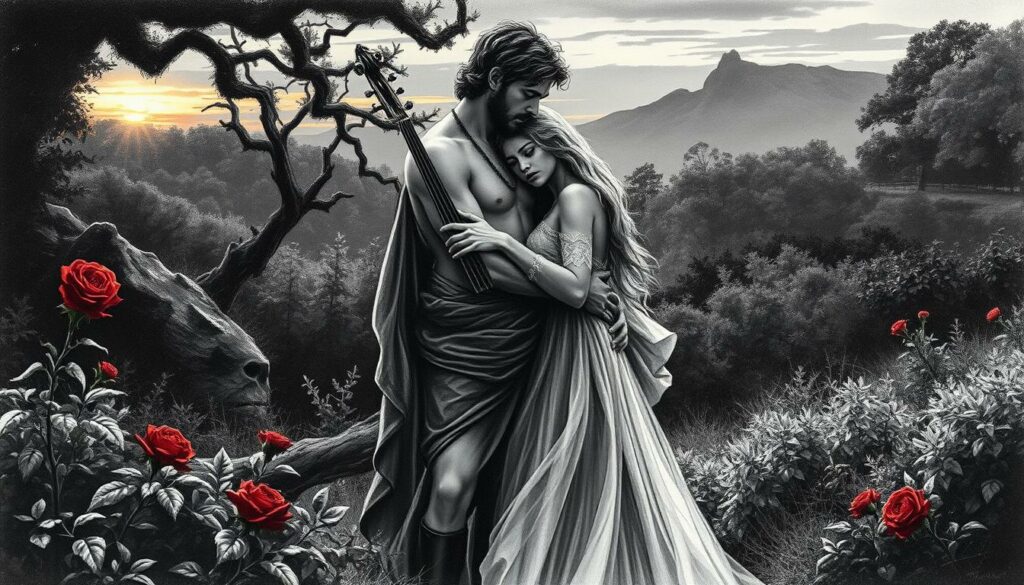Orpheus and Eurydice, entwined in a sorrowful embrace, stand amidst a lush, verdant landscape. Eurydice's flowing gown and Orpheus' pensive gaze are rendered in stark black and white, with subtle bursts of color accentuating key details – the glowing embers of a sunset, the vibrant crimson of a rose, the gleam of a musical instrument. The scene captures the tragedy and poignancy of their tragic love story, the chiaroscuro effect lending an air of melancholy and reverence. Intricate, detailed brushstrokes and a cinematic composition evoke the rich artistic tradition of this timeless myth.
