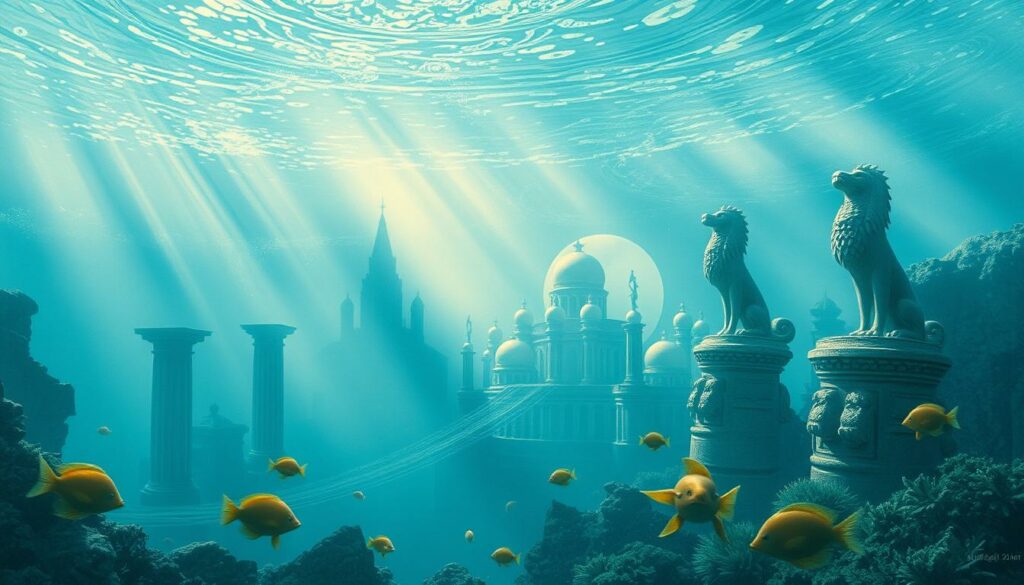 Underwater metropolis of Atlantis, shrouded in a misty veil, its ancient architecture rising from the depths. Monumental columns and domes, decorated with intricate carvings, emerge from the cerulean waters. Shafts of sunlight pierce through the oceanic haze, casting a dreamlike glow upon the submerged city. Whimsical marine life dances in the foreground, their vibrant colors contrasting with the predominantly monochromatic scene. Towering statues of mythical creatures stand as sentinels, guarding the secrets of this lost civilization. Subtle splashes of color - a glint of gold, a hint of turquoise - accentuate the timeless, ethereal quality of Atlantis, forever captured in the collective imagination of popular culture.