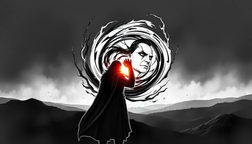 a modern interpretation of the old epic poem Beowulf, with a monochrome palette and selective color accents. in the foreground, a heroic figure in a dramatic pose, their silhouette illuminated by a warm spotlight, symbolizing the protagonist's strength and determination. in the middle ground, a swirling, abstract composition of shapes and lines, hinting at the fantastical creatures and battles described in the narrative. in the background, a dimly lit landscape with subtle hints of color, creating a sense of mystery and the unknown. the overall tone is one of balance between the timeless themes of the epic and a contemporary artistic interpretation.