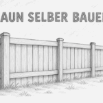 Bleistiftzeichnung eines stabilen Holzzauns mit dem Schriftzug „Zaun selber bauen“ im Querformat.