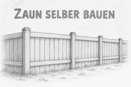 Bleistiftzeichnung eines stabilen Holzzauns mit dem Schriftzug „Zaun selber bauen“ im Querformat.