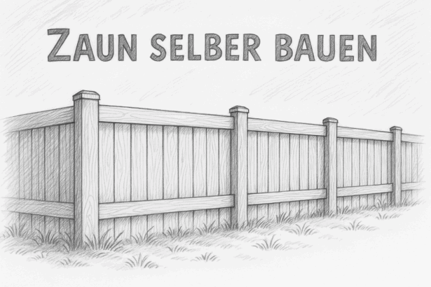 Bleistiftzeichnung eines stabilen Holzzauns mit dem Schriftzug „Zaun selber bauen“ im Querformat.