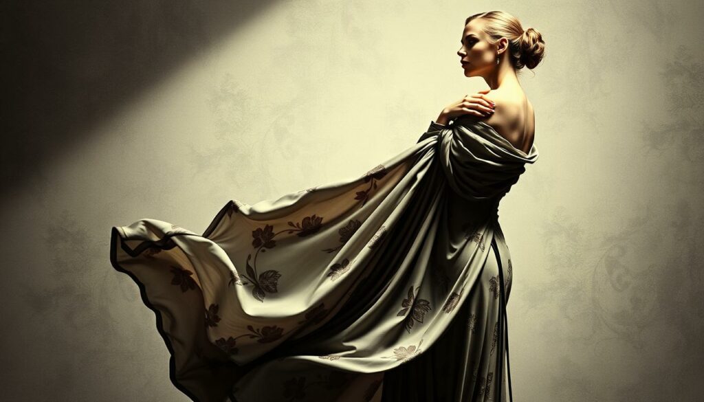 A Jugendstil Art déco expert stands gracefully, draped in a flowing Art Nouveau-inspired dress, their gaze radiating an air of refined sophistication. Intricate floral patterns dance across the fabric, hinting at the artistic mastery of the Jugendstil movement. The figure is captured in a soft, chiaroscuro lighting, casting dramatic shadows that highlight the elegant lines and curves of the composition. The background is a subtly textured, monochromatic palette, allowing the subject to take center stage, a perfect embodiment of the Jugendstil and Art déco aesthetic. Pops of color, such as a vibrant green leaf or a golden accent, punctuate the scene, adding depth and visual interest.