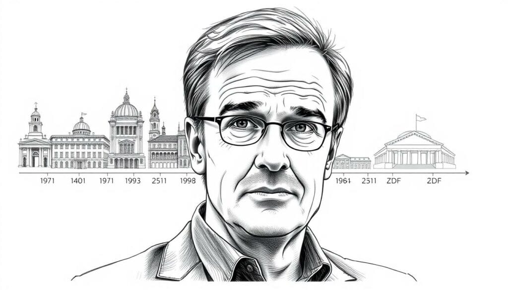 A black and white illustration depicting the career trajectory of German satirist and television host Jan Böhmermann. In the foreground, a close-up portrait of Böhmermann, his features rendered in precise pencil strokes. Behind him, a timeline of his professional milestones unfolds, from his early days at Radio Bremen to his prominent role at the ZDF network, represented by architectural elements and symbolic icons. The background is minimalist, allowing the focus to remain on Böhmermann's evolving career. Subtle pops of color accent key moments, guiding the viewer's eye through this visual chronicle of his rise to prominence in the German media landscape.