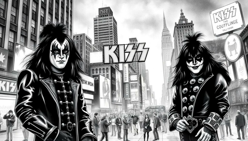 A black and white illustration of the founding of the iconic rock band KISS in New York City, 1973. In the foreground, the four band members - Gene Simmons, Paul Stanley, Peter Criss, and Ace Frehley - stand together, their faces partially obscured by theatrical makeup and costumes, exuding an aura of mystery and power. The middle ground features the bustling city streets of 1970s New York, with skyscrapers, neon signs, and a crowd of onlookers capturing the moment. The background is a hazy, atmospheric rendering of the city skyline, punctuated by pops of color in the form of billboards, street lights, and the band's iconic logo. The overall aesthetic conveys the gritty, energetic spirit of the early KISS era, with a touch of noir-inspired drama.