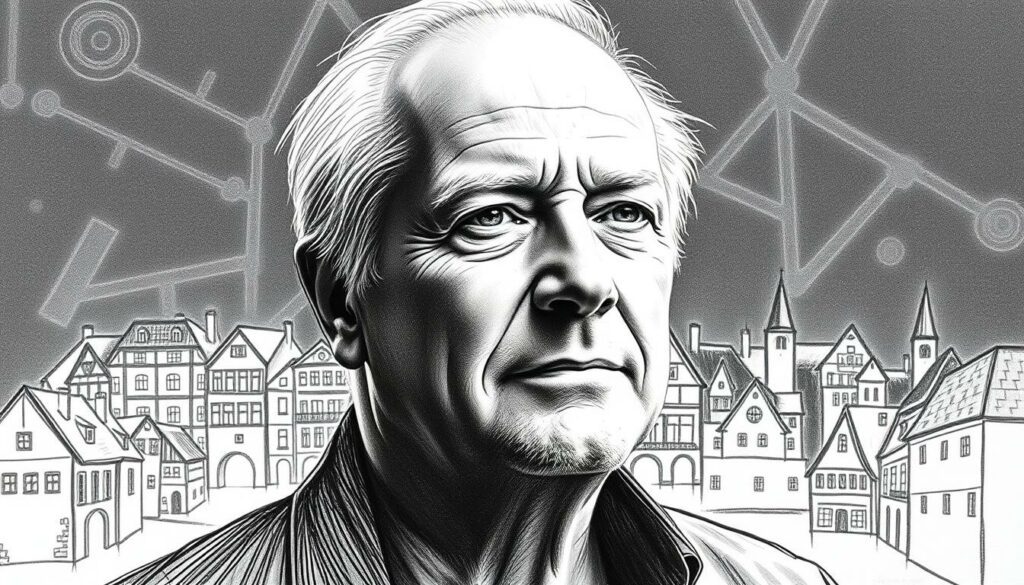 A black and white portrait of German music producer Frank Farian, set against a stylized background depicting his connection to the town of Spiesen-Elversberg. Farian's face is rendered in precise detail, with subtle colored accents highlighting his features. The middle ground features a sketch-like representation of the town, with its historic buildings and landmarks. In the background, a faint technical diagram or blueprint-like element hints at Farian's musical prowess, resembling a mixing console or soundboard. The overall composition conveys a sense of Farian's deep roots and creative legacy, seamlessly blending his personal and professional ties to the region.