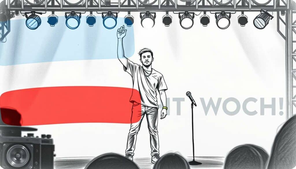A black and white sketch of a young man standing on a stage, his hand raised in a confident gesture as he performs on "Rap am Mittwoch", a midweek rap event marking the beginning of his musical career. The stage is dimly lit, casting dramatic shadows that accentuate his dynamic pose. Splashes of color, such as a vibrant microphone or a few spotlights, add depth and visual interest to the composition. The background is slightly blurred, keeping the focus on the artist and his performance, showcasing the pivotal moment of his rising success.