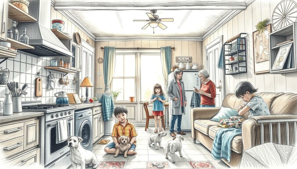 A busy, multi-generational patchwork family home, filled with lively chaos and warm intimacy. Siblings, step-siblings, and parents navigate the joyful complexity of daily life together - cooking in the sunny kitchen, playing with pets in the cozy living room, folding laundry in the hallway. Pencil sketched details highlight the textures and patterns that weave this eclectic household together, with pops of color adding vibrant energy. Diffused light filters through windows, casting a soft, contemplative glow over the intimate, relatable scene. Angles shift between close-up vignettes and wider perspectives, capturing the rhythm and flow of this unconventional yet loving family dynamic.