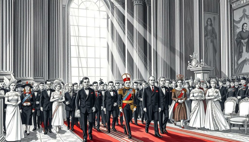 A ceremonial gathering of international dignitaries and royal figures, captured in a striking black and white illustration with subtle pops of color. The stately procession moves through a grand palace interior, with towering columns, ornate furnishings, and an atmosphere of regal elegance. Meticulously rendered details accentuate the formality of the occasion - the tailored uniforms, the intricate jewelry and headpieces, the measured steps of the attendants. Beams of light filter through tall windows, casting dramatic shadows and highlighting the dignified poses of the assembled guests. This image conveys the pomp and circumstance of a historic state event, a tableau of global leaders converging to mark a significant royal transition.