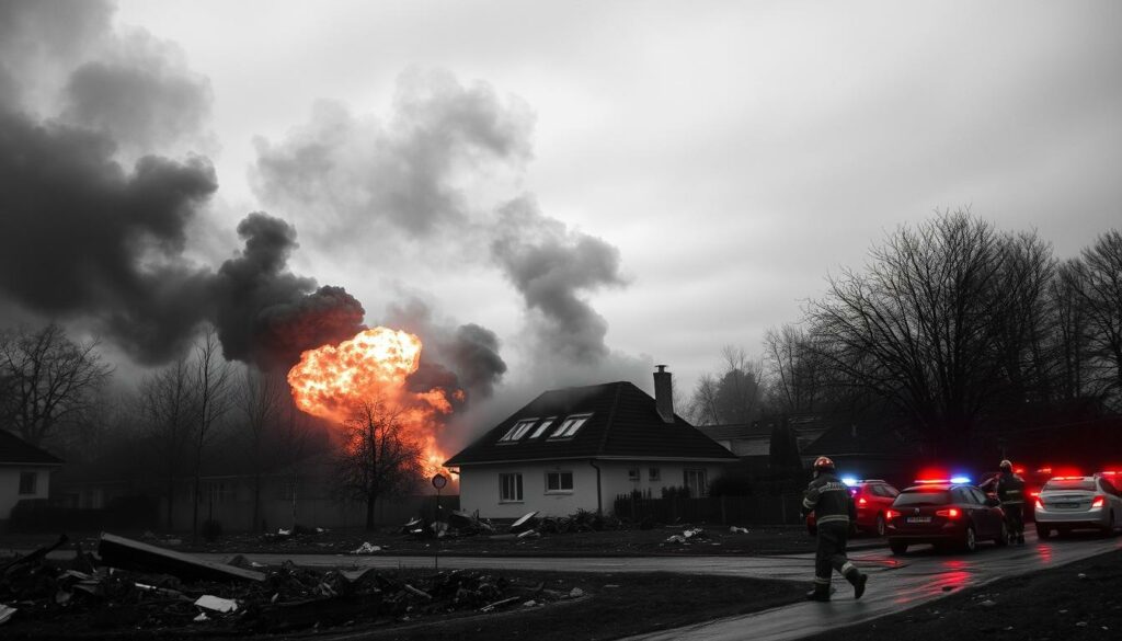 A chaotic scene of multiple explosions ripping through a modest single-family home in the northern suburbs of Munich. Billowing plumes of thick, dark smoke rise into the overcast sky, casting an ominous shadow over the neighborhood. Debris and rubble litter the surrounding area, as first responders rush to the scene, their sirens piercing the eerie silence. The image is rendered in a stark black and white palette, with only the occasional flashes of color - the orange glow of the flames, the red and blue emergency lights - standing out in stark contrast. The overall mood is one of alarm and urgency, capturing the gravity of the situation and the intense effort required to contain the disaster.