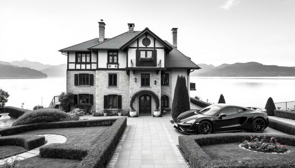 A charming villa nestled in the picturesque town of Mondsee, surrounded by lush greenery and the tranquil waters of the lake. The facade features a timeless blend of traditional architecture and modern elegance, with intricate stonework and large windows that let in ample natural light. In the foreground, a well-manicured garden invites guests to stroll through its meticulously designed pathways, punctuated by pops of color from strategically placed flora. The middle ground showcases a sleek, luxurious sports car parked in the driveway, hinting at the owner's refined tastes and affluent lifestyle. The background is a soft, monochromatic landscape, with the serene lake and distant mountains creating a sense of peaceful seclusion. The overall scene conveys a harmonious balance of nature, architecture, and the trappings of a prosperous lifestyle, all rendered in a striking black-and-white palette with subtle, colorful accents.