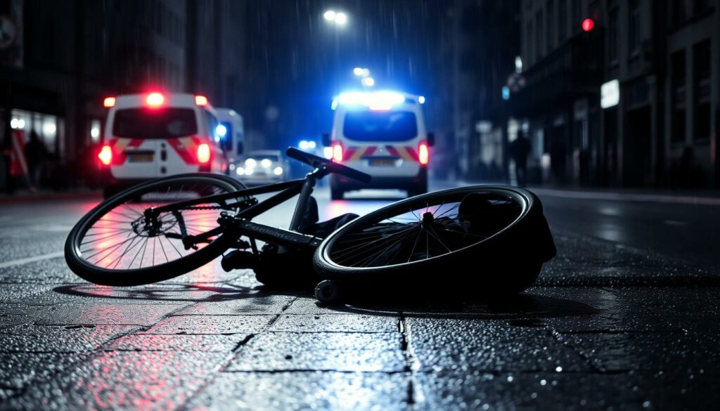 A city street in Hamburg on a rainy night, the asphalt glistening under streetlights. In the foreground, a crumpled bicycle lies on the ground, its frame bent and wheels spinning. Nearby, a figure in a dark coat lies motionless, their face obscured. Ambulance lights flash in the distance, casting an eerie glow. The scene is captured in a moody, cinematic black and white with subtle pops of color - the red of taillights, the blue of emergency sirens. Shadows loom large, creating a sense of tension and tragedy. This is the aftermath of a fatal bicycle accident, a poignant moment frozen in time.