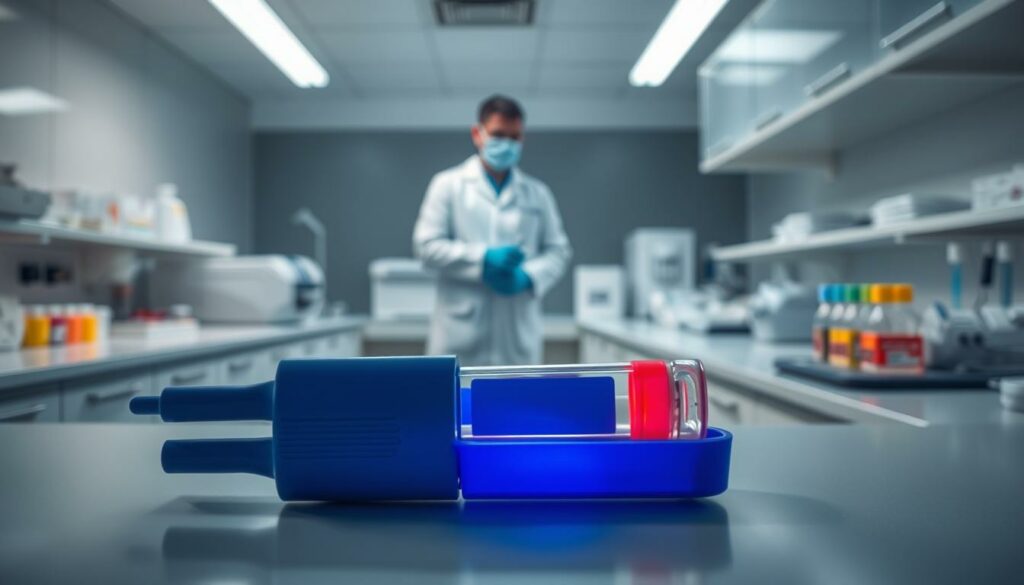 A clinical testing laboratory setting, dimly lit with focused task lighting. Sterile white countertops, medical equipment, and test samples arranged with precision. A person in a white lab coat stands at the center, carefully preparing a COVID-19 test. The foreground features a close-up of the test procedure, with graphite-gray medical implements and the vibrant hues of the test components. The background subtly blurs into a muted, monochromatic palette, emphasizing the gravity and focus of the testing process. Subtle splashes of color, perhaps a red indicator light or a blue-gloved hand, draw the eye to the critical details. An atmosphere of clinical professionalism and scientific inquiry pervades the scene.