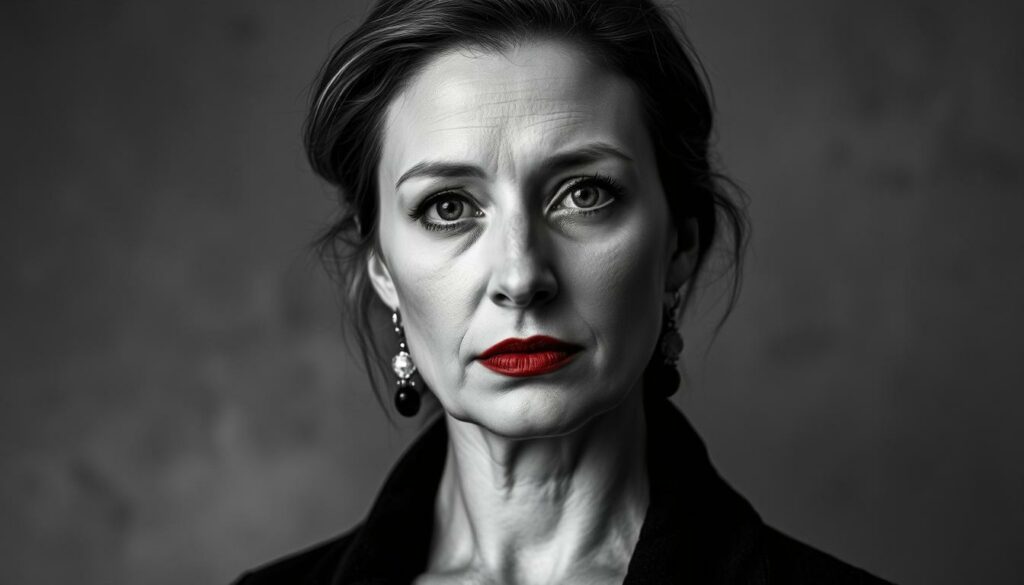A close-up portrait of Marisa Burger, the acclaimed German actress, against a muted, textured backdrop. Her expression is contemplative, with a hint of resolve, as she gazes directly at the viewer. The lighting is subtle, casting soft shadows that accentuate the contours of her face. The image has a monochromatic palette, with punctuated pops of color in strategic areas, such as the vibrant red of her lips or the gleam of her jewelry. The overall mood is pensive, reflecting the critical nature of her alleged comments about the ZDF network. The composition is balanced, drawing the viewer's attention to the subject's introspective demeanor.