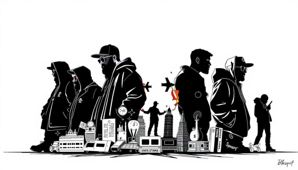 A comparison of the net worth of prominent German rappers, depicted in a striking black and white illustration with subtle color accents. The foreground features dynamic silhouettes of the artists, their relative wealth and success represented by the size and prominence of their figures. The middle ground showcases symbolic icons and visual cues alluding to the trappings of fame and fortune. The background sets an austere, contemplative mood with minimal, textural elements. The overall composition conveys a sense of hierarchy, ambition, and the complex realities of the music industry, allowing the viewer to contextualize the success of Apache 207 within the broader German rap landscape.