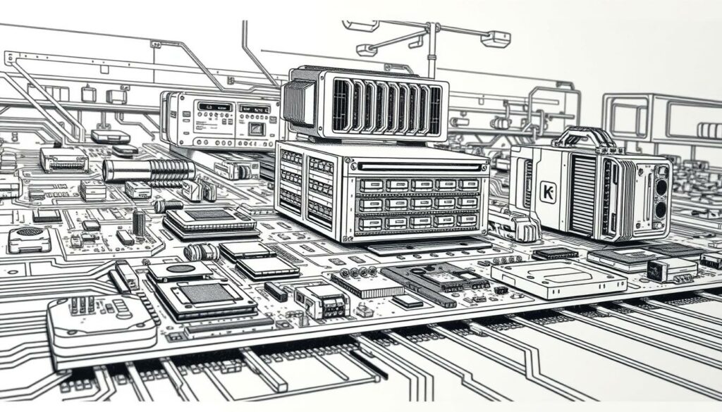 A complex schematic diagram of a cutting-edge "KI-Beschleuniger Technologie", depicted in a crisp, technical black and white illustration with selective pops of color to highlight key components. The foreground showcases intricate circuitry, microchips, and interconnected modules, while the middle ground features a sleek, modular hardware design. The background suggests a high-tech, futuristic environment, hinting at the advanced nature of this technology. Precise lighting and shadows lend depth and dimension, emphasizing the sophisticated engineering behind this innovative acceleration system. The overall mood is one of sophisticated, forward-thinking technology poised to drive the next generation of AI computing.