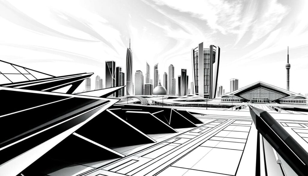 A contemporary architectural blueprint, featuring sleek lines, bold geometric shapes, and a touch of vibrant color. The foreground showcases an array of dynamic, angular structures, subtly hinting at innovative project designs. The middle ground reveals a futuristic cityscape, with gleaming skyscrapers and cutting-edge infrastructure. In the background, a vast expanse of open sky, with wispy clouds and a hint of natural light, creating a sense of optimism and possibility. The overall scene is rendered in a striking black-and-white palette, with strategic pops of color highlighting key elements, evoking a sense of focused vision and meticulous planning. The mood is one of forward-thinking dynamism, capturing the essence of "Aktuelle Projekte Zukunft" - a vision of the future, realized in the present.