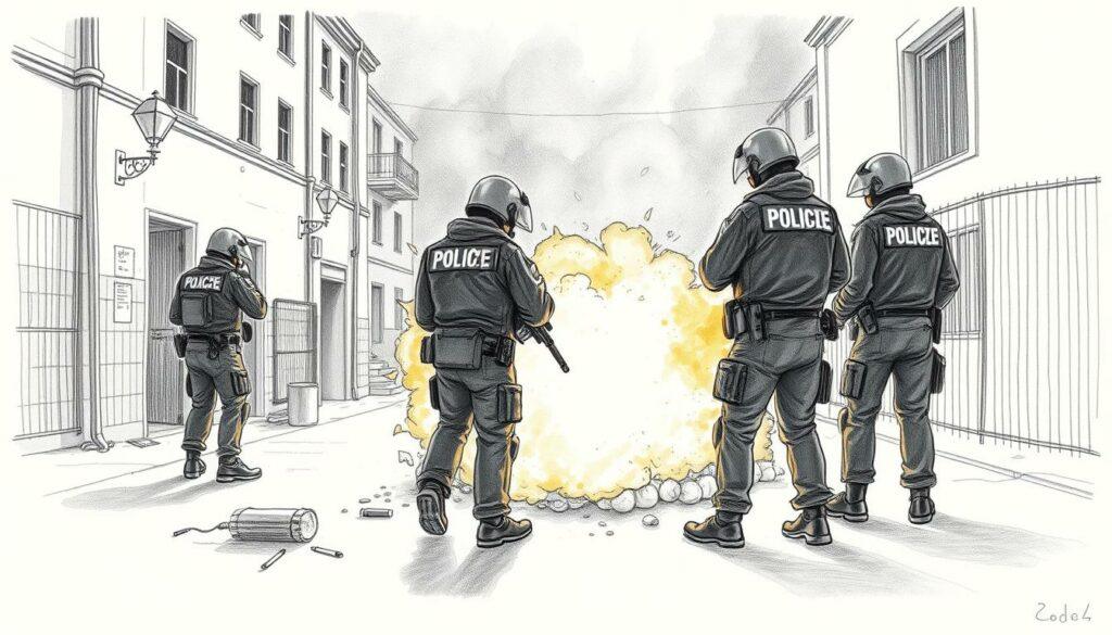 A controlled detonation conducted by Polizei, with officers carefully monitoring the scene. A well-lit urban setting, perhaps near a prison or government facility, with subtle flashes of color hinting at safety equipment or hazardous materials. The frame captures the solemn and serious nature of the operation, with the focus on the precision and caution of the authorities as they carry out their duties. The image should convey a sense of responsibility and professionalism, with a graphite-like sketch style and strategic pops of color to highlight key details. A controlled detonation conducted by Polizei, with officers carefully monitoring the scene. A well-lit urban setting, perhaps near a prison or government facility, with subtle flashes of color hinting at safety equipment or hazardous materials. The frame captures the solemn and serious nature of the operation, with the focus on the precision and caution of the authorities as they carry out their duties. The image should convey a sense of responsibility and professionalism, with a graphite-like sketch style and strategic pops of color to highlight key details.
