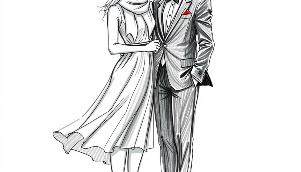 A couple, one in a flowing dress and the other in a sharp suit, stands together, their contrasting styles and personalities creating a dynamic and complementary whole. The scene is rendered in a black and white sketch-like style, with occasional pops of color, such as the woman's vibrant scarf or the man's pocket square. The figures are positioned to suggest a sense of balance and harmony, their bodies intertwined yet distinct, mirroring the idea that opposites can indeed enrich a partnership. The background is softly blurred, allowing the focus to remain on the central figures and the captivating interplay between them.