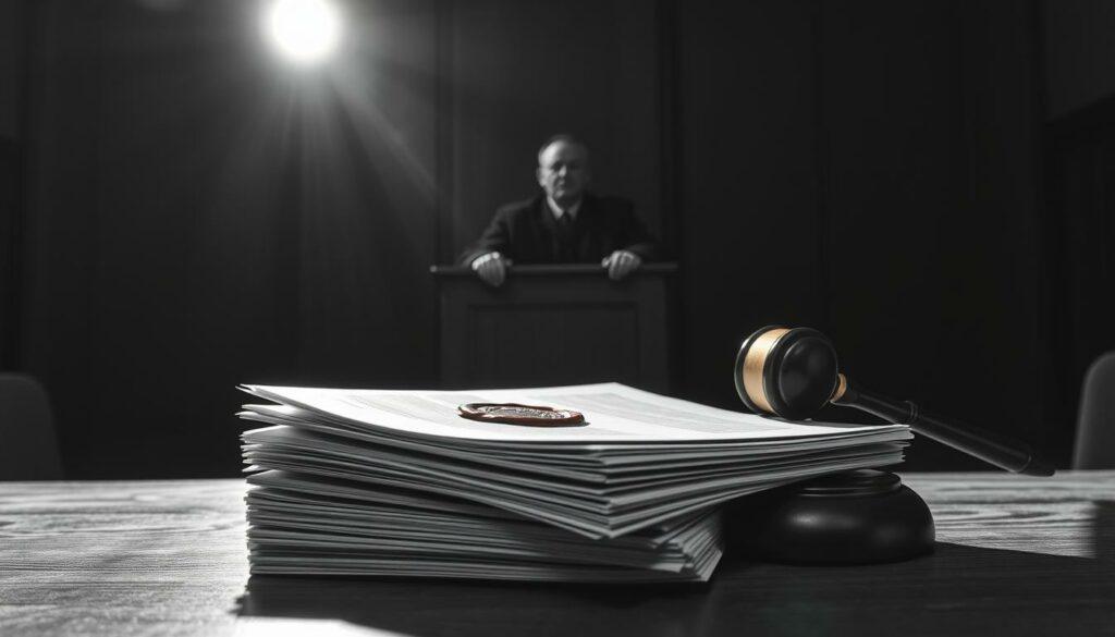 A courtroom setting, dimly lit with a single spotlight illuminating a central wooden bench. The judge's robe hangs solemnly, casting long shadows across the scene. In the foreground, a stack of legal documents, their pages rendered in delicate shades of graphite, convey the gravity of the decision at hand. Hints of color - a crimson seal, a golden gavel - punctuate the monochrome palette, hinting at the emotional weight of the ruling. The atmosphere is one of contemplation and careful deliberation, the air thick with the weight of the court's verdict on the custody battle. Capture the solemnity and significance of this judicial decision with a striking black and white image, punctuated by strategic pops of color.
