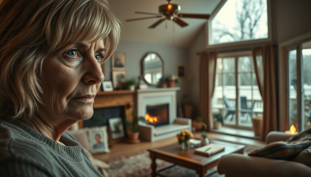 A cozy family home, warm and intimate, showcasing the private life of Diane Keaton. In the foreground, a soft-focus portrait of Keaton, her pensive gaze captivating. The middle ground features a lovingly curated living room, with plush furnishings and personal touches - framed photographs, potted plants, and a roaring fireplace. The background reveals a serene outdoor scene, hinting at the tranquility of her personal relationships and family bonds. The entire image is rendered in a muted, graphite-inspired palette, with selective bursts of color highlighting the emotional depth of Keaton's private world.